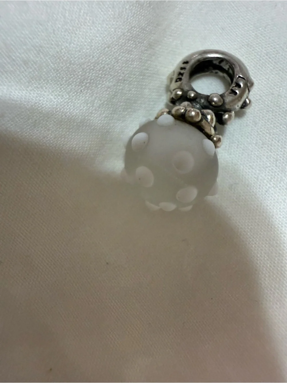 TrollBeads Silver  White Polka Dot Glass Drop Charm  “Winter”